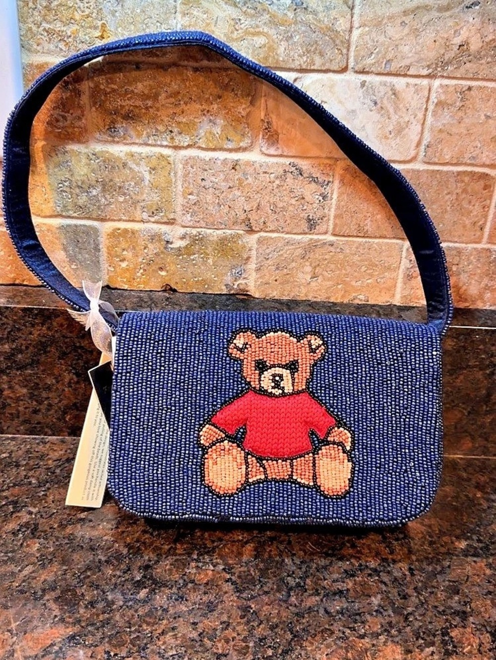 Navy Blue Beaded Teddy Bear Shoulder Bag
